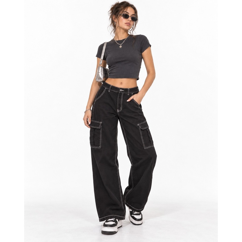 Womens H&M Sz M Black Cargo Pants Wide Leg Contrast Stitch Y2K Skater High Rise